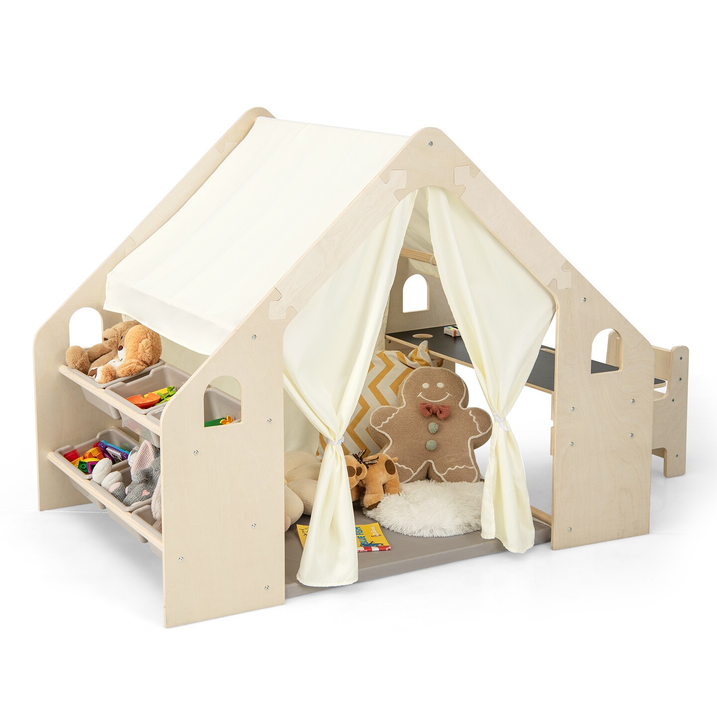 Kids 6-in-1 Playhouse Tent with Blackboard, Storage Bins and Floor Cushion