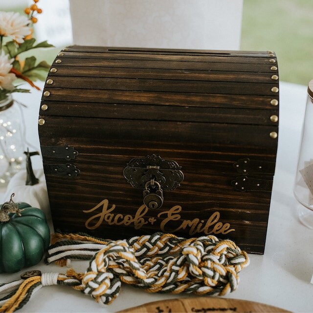 Personalized wooden wedding card chest with locking and slot