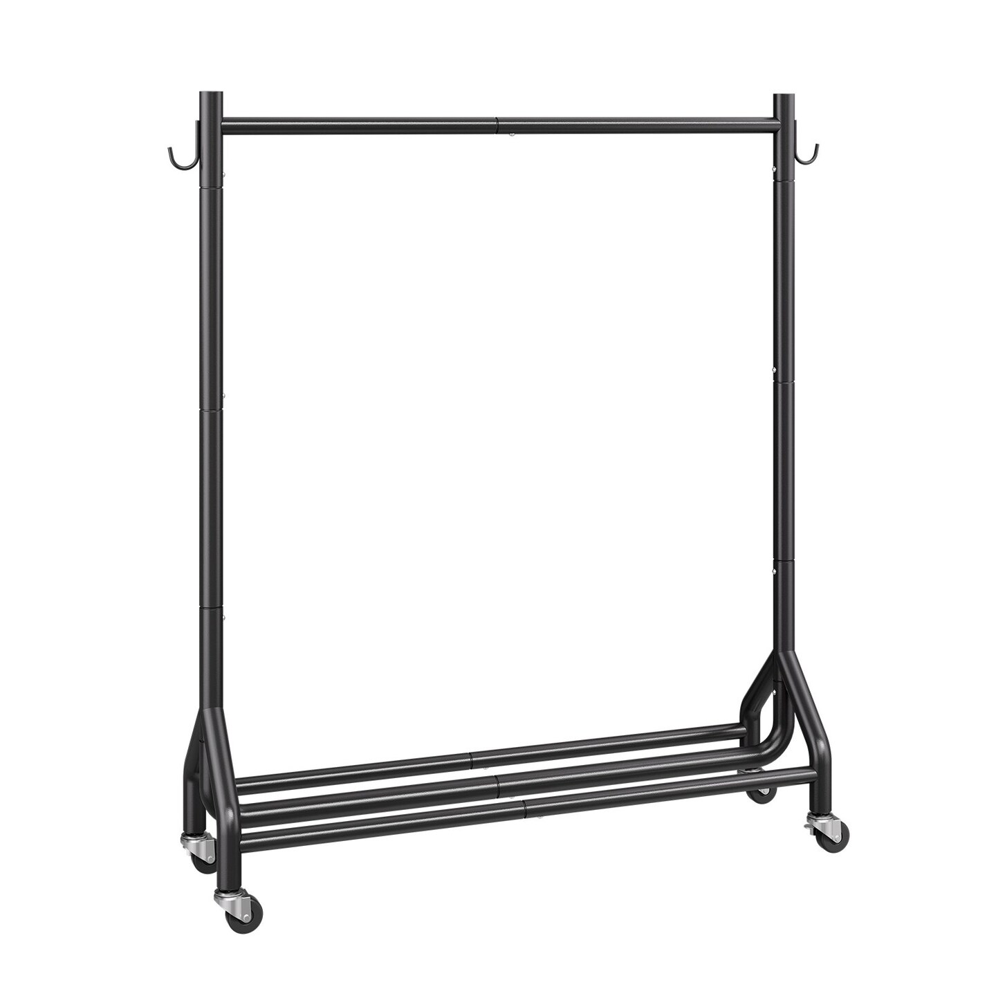 Rolling Clothes Rack 1 Hanging Rod 3 Shelves Side Hooks 360° Swivel Wheels