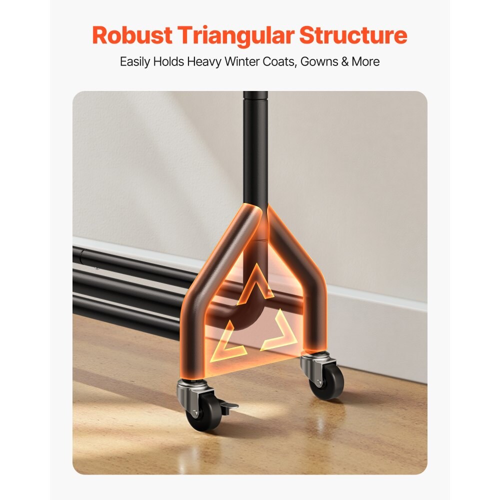 Rolling Clothes Rack 1 Hanging Rod 3 Shelves Side Hooks 360° Swivel Wheels
