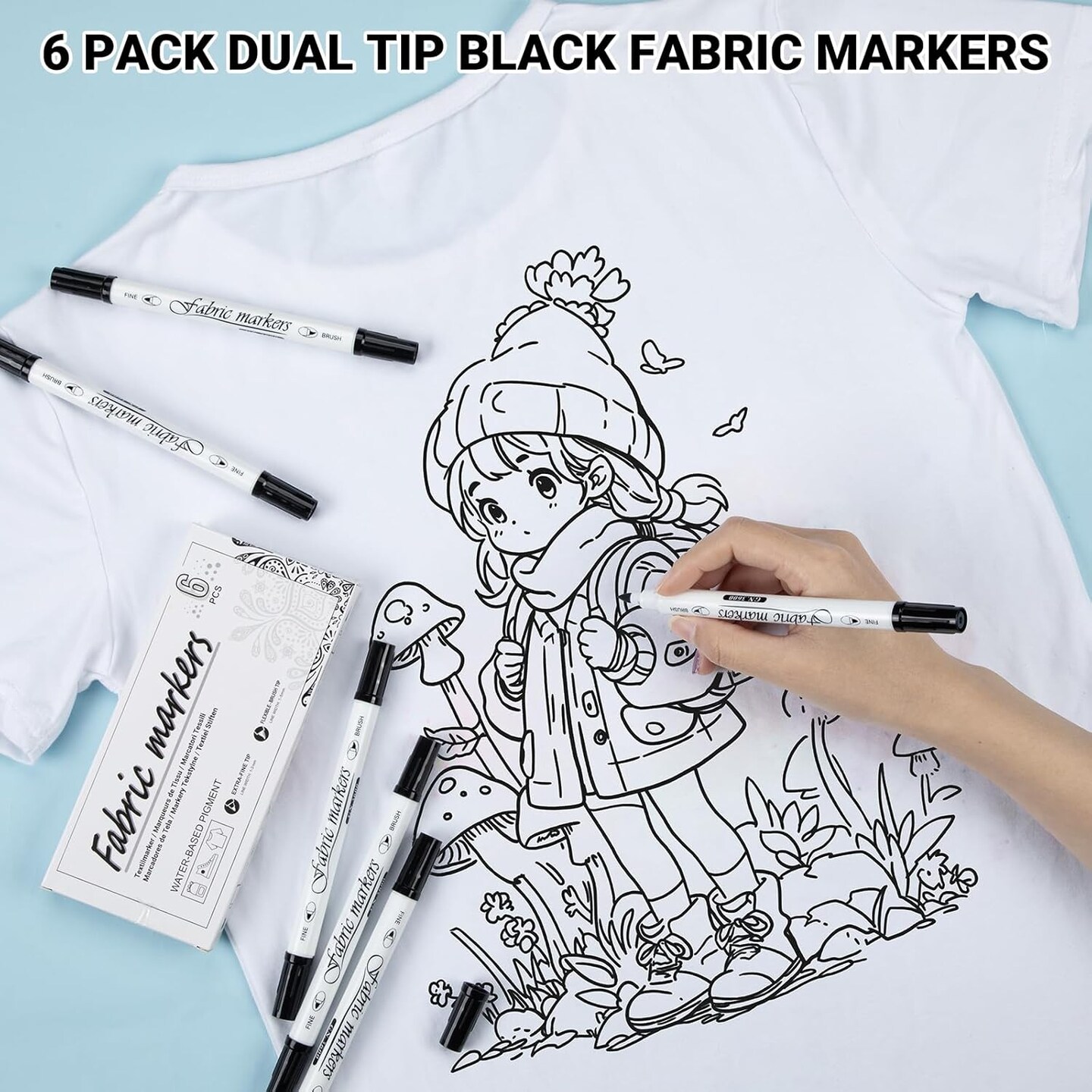 Black Fabric Markers Permanent for Clothes: Dual-Tip Fabric Marker 6 Pack, Waterproof, Non-Toxic Fabric Pen, Used to Make Gifts for Friends, Suitable for T-Shirts, Shoes, Canvas Bags, Hat, Textiles