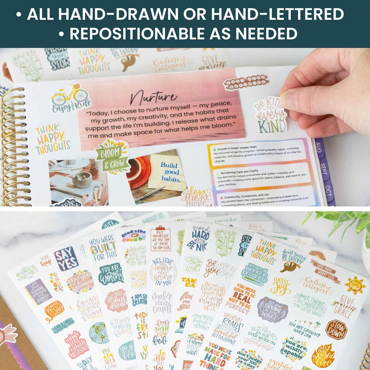 bloom daily planners Inspirational Quote Planner Stickers, 8 Sheets (200+ Stickers) | Cool Tones