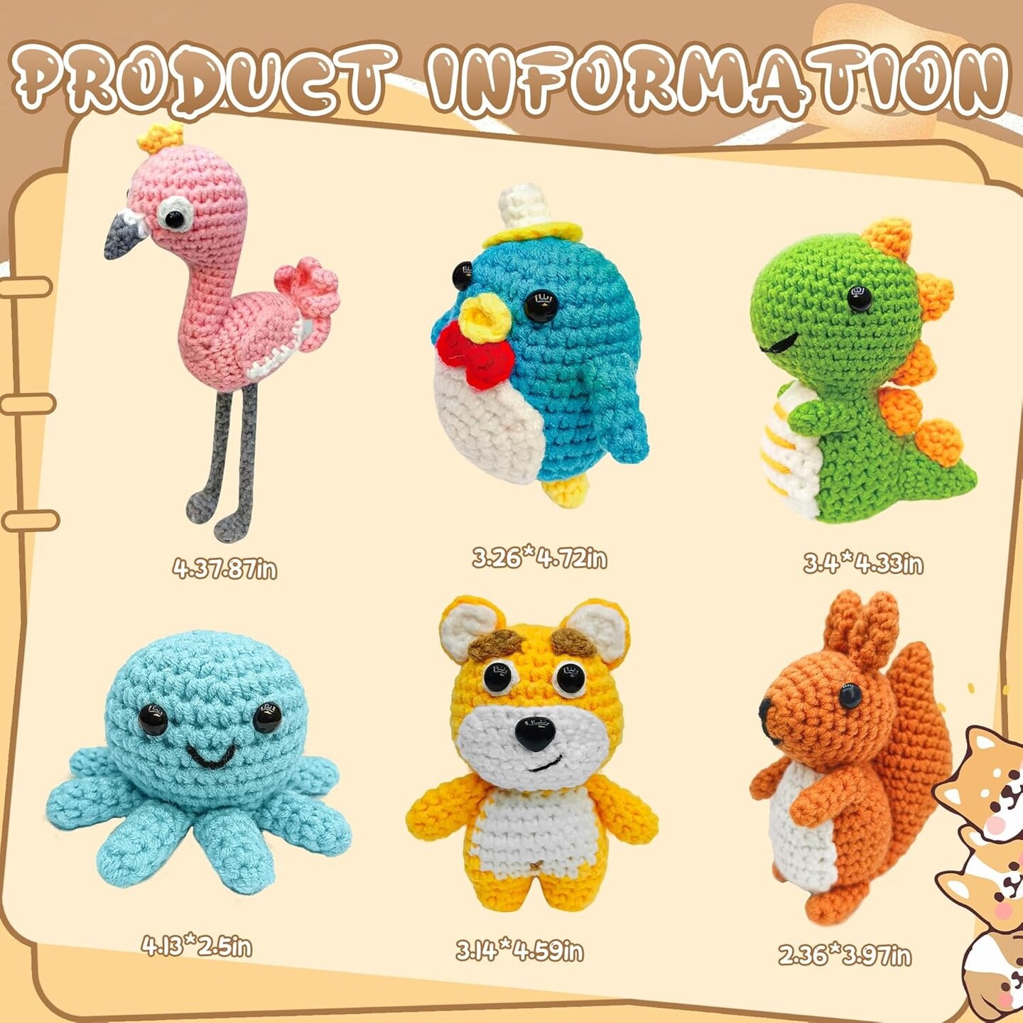 6 Pcs Crochet Kit for Beginners Animal DIY Craft Set with Yarn Hook
