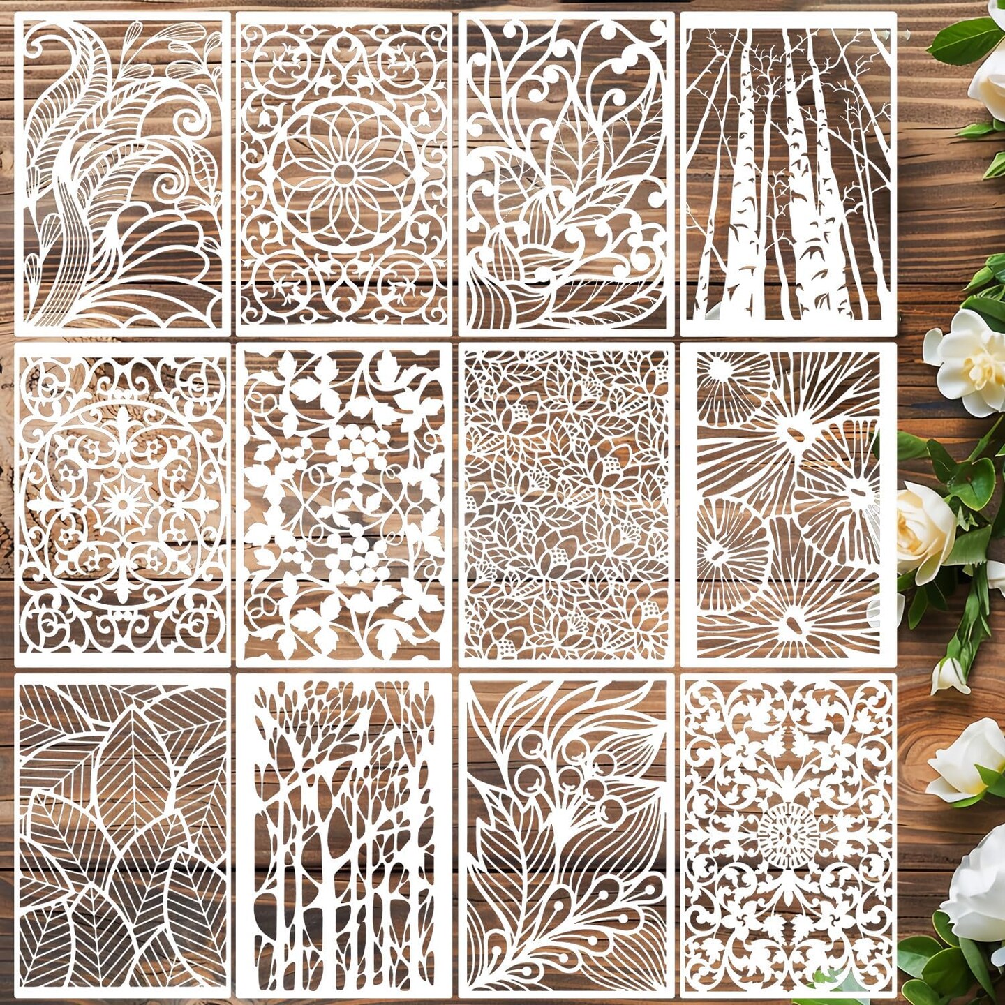 9PCS Floral Texture Stencils Set – 11.8x7.8 Inch Reusable Mylar Leaf & Tree Painting Templates for Wood, Furniture, Canvas, Paper & DIY Crafts