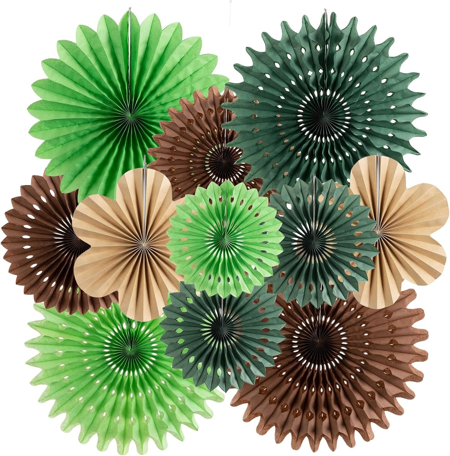 11-Piece Hanging Paper Fans Decoration Set | Green & Brown Tropical Jungle Flowers for Summer Safari Carnival, Birthday Party & Nursery Wall Decor