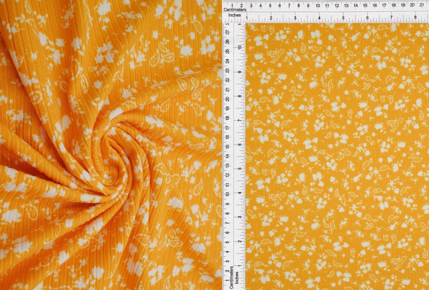 1 Yard Yellow Mango Ditsy Paisley Floral Yummy Rib Knit Fabric 4x2 Soft Stretch 58/60&#x22; Wide