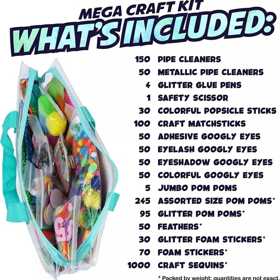Art and Craft Kits &#x2013; Mega Kids Arts &#x26; Crafts Supply Set (1750+ Pieces) for Ages 4&#x2013;8 &#x2013; Pom Poms, Pipe Cleaners, Googly Eyes, Foam, Feathers &#x26; More
