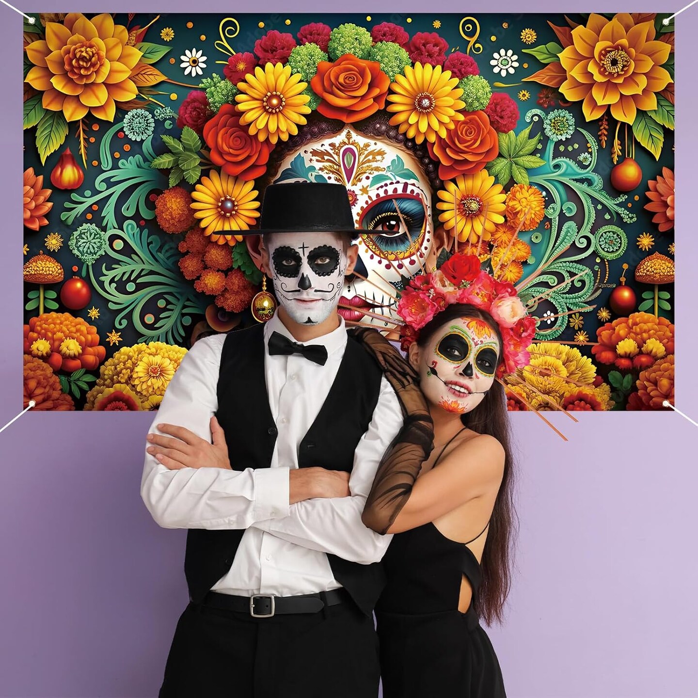 Day of The Dead Photo Backdrop Dia De Los Muertos Banner(Multicolor)71"L x 43"W