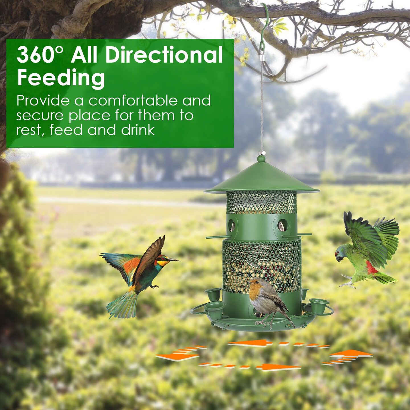 Wild Bird Feeder Squirrel-Proof Chew-Proof Metal Bird Seed Feeder Outdoor Hanging Bird Feeder With 360&#xC2;&#xB0; Circular Perches Water Cups For Yard Garden Patio