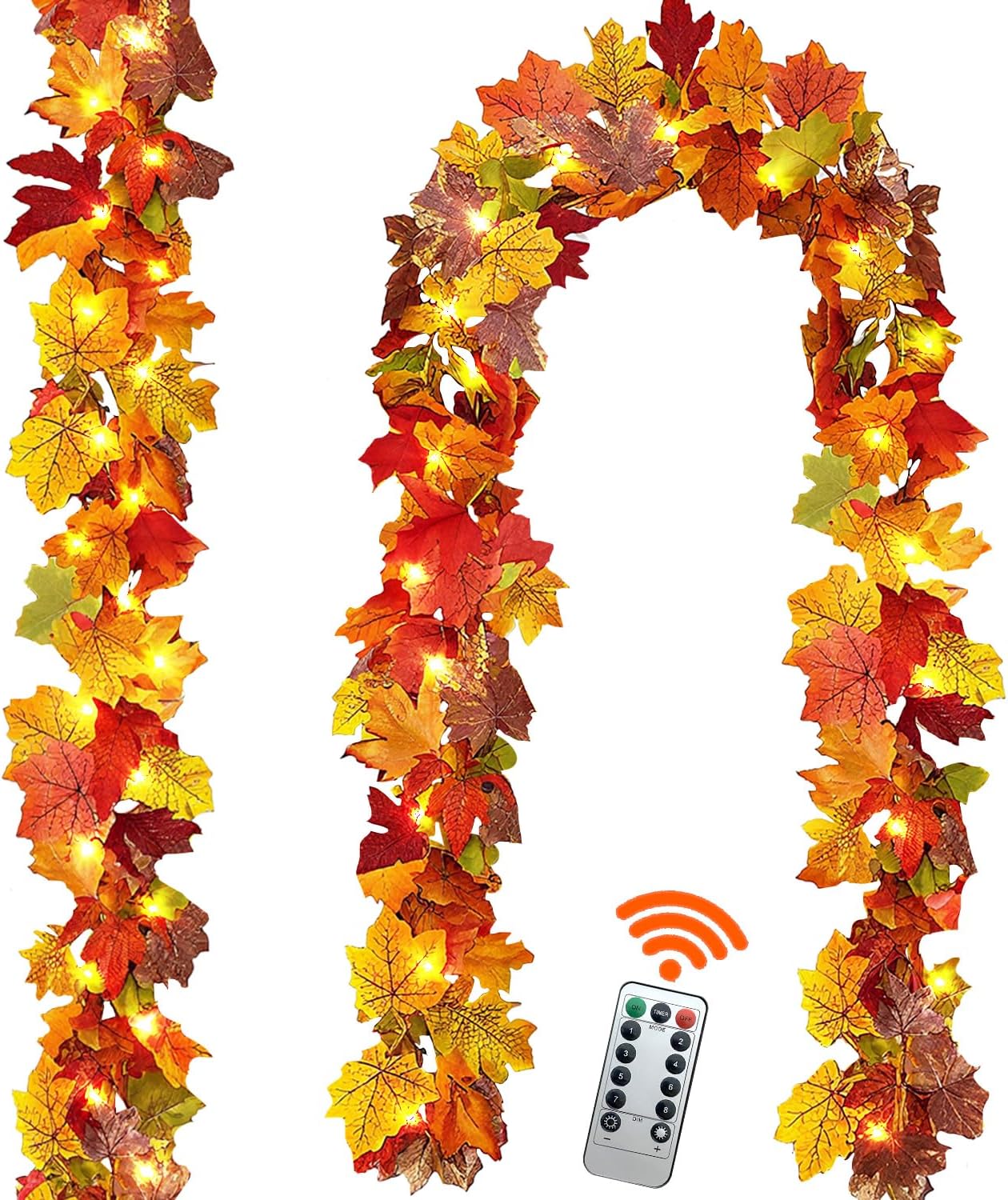 Fall Garland Maple Leaf with Lights, 2 Pack 5.7Ft/Piece Leaf Garland with Remote Control, 8 Light Modes(Orange)2 x 2 x 1.2 inches