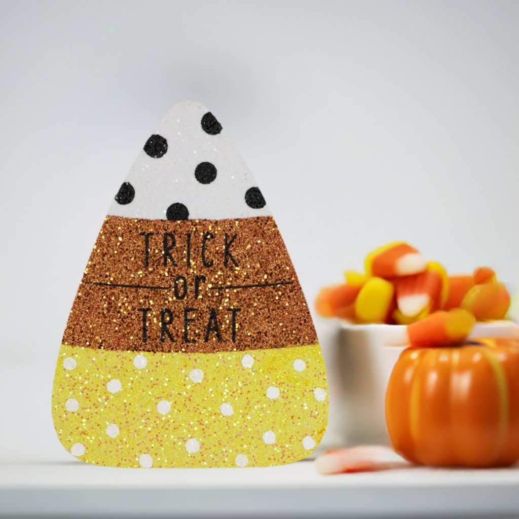 9.5&#x22; Glitter Eva Trick or Treat Candy Corn Sign