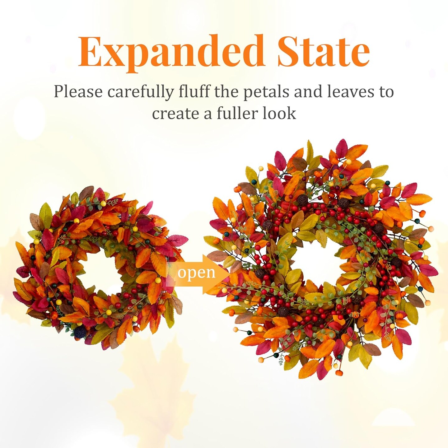 22&#x22; Berry Branches Fall Wreath with Colorful Leaves, Red Autumn Artificial Berries Wreath(Red, Yellow, Orange, Dark)13&#x22;D x 13&#x22;W x 3&#x22;H