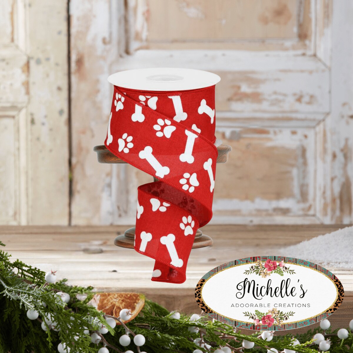2.5&#x22; Paw Print Royal Ribbon: Red &#x26; White (10 Yards)