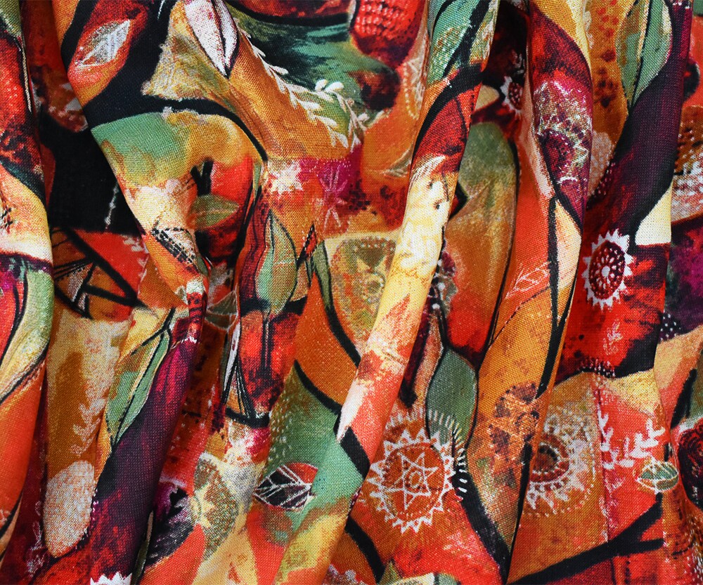 Orange-Green-Multi Abstract Bird Medallion Printed Linen Woven Fabric By the Yard