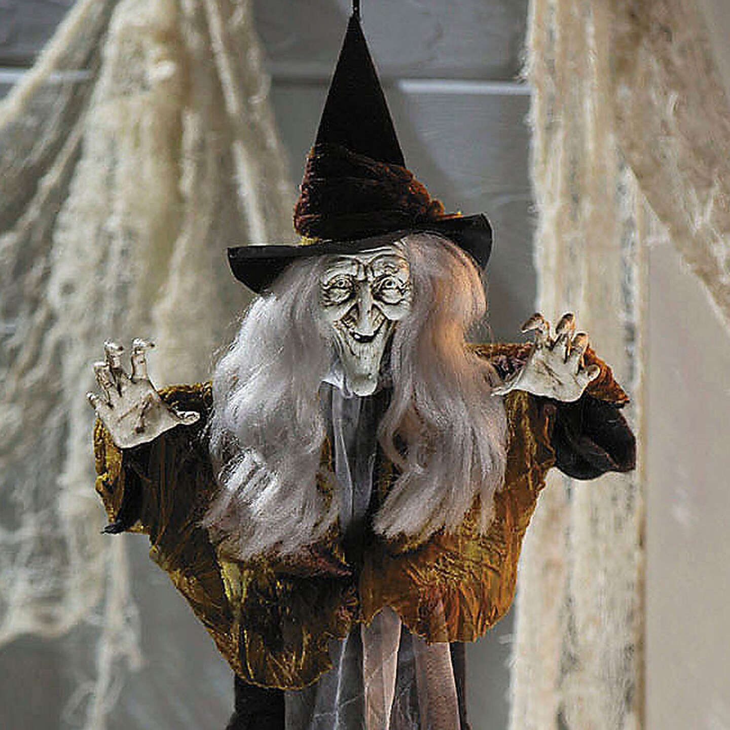27 1/2&#x22; Hanging Smiling Witch with Gray Hair Halloween Decoration