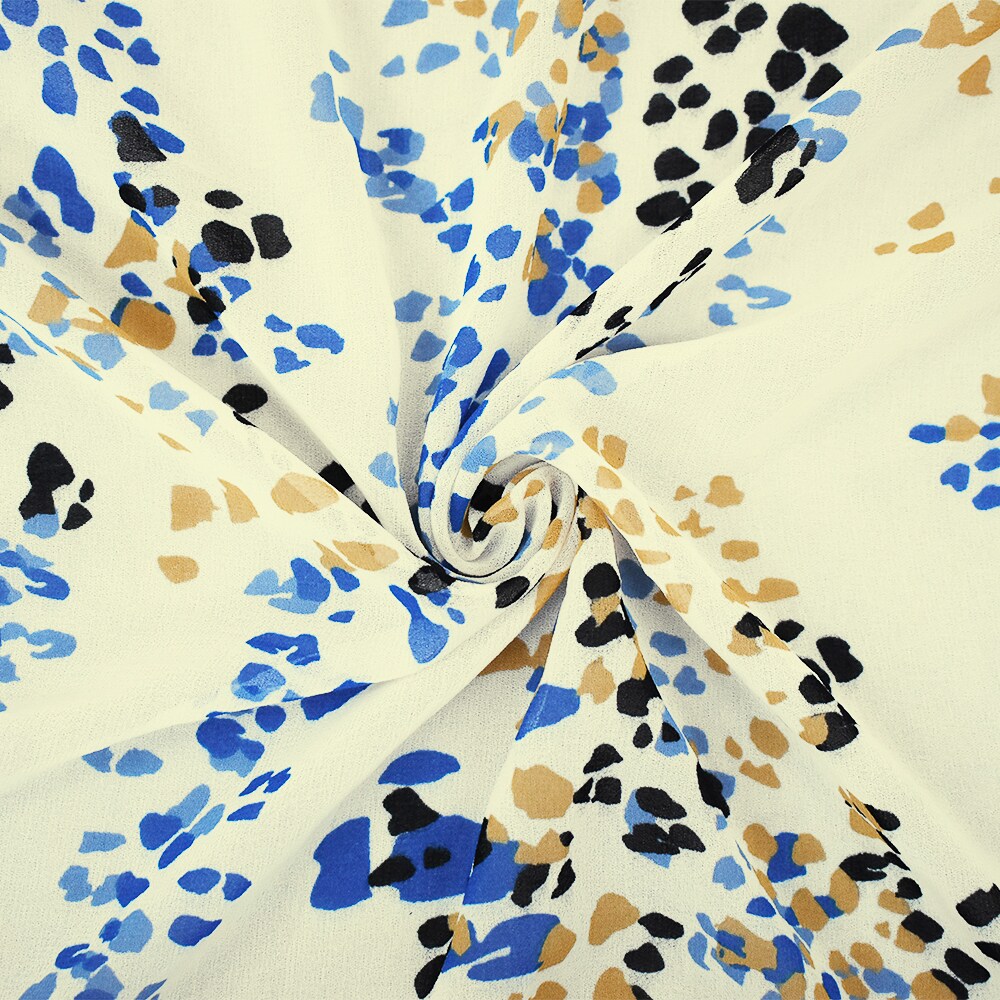Ivory-Blue-Multi Abstract Spots Printed Poly Chiffon Woven Fabric By the Yard