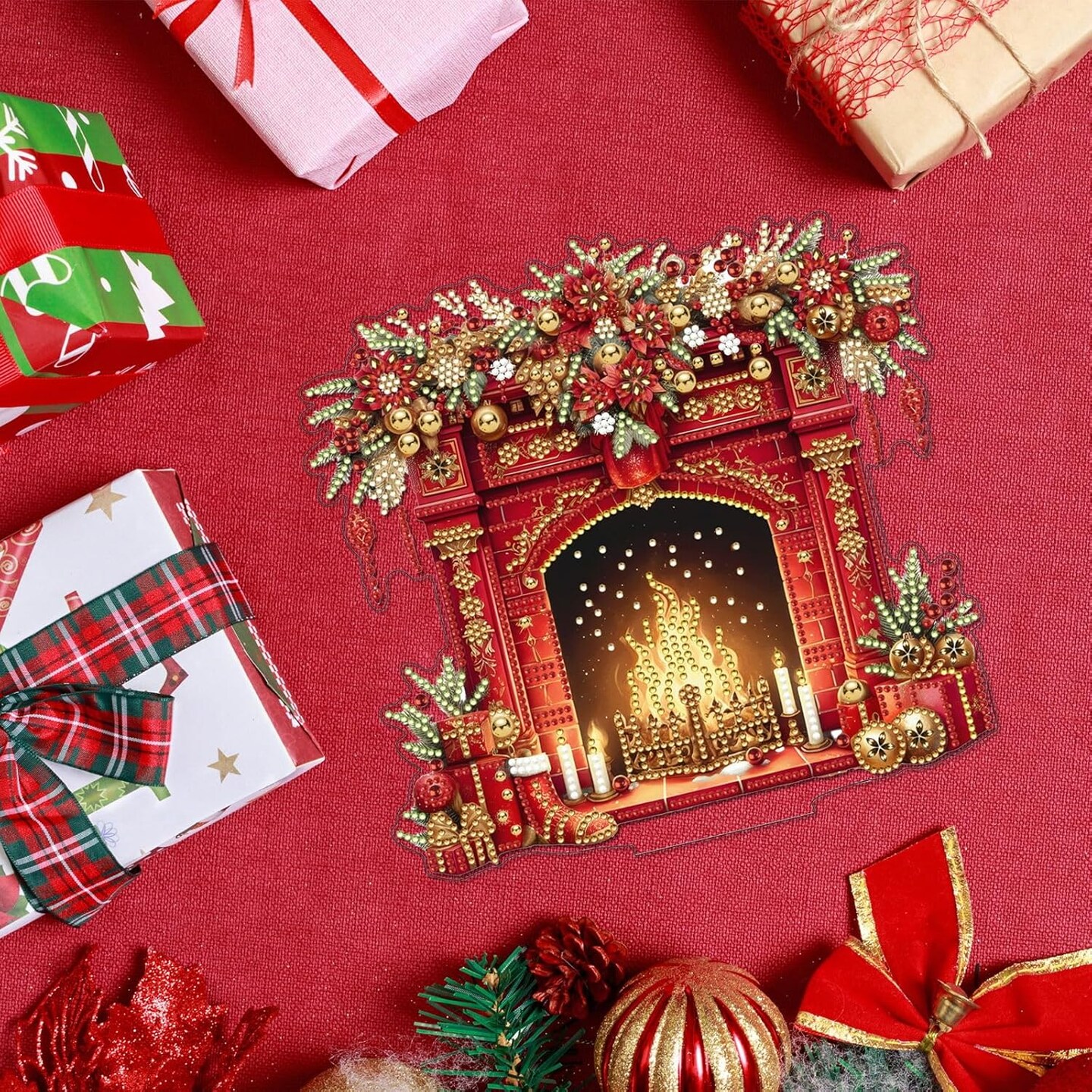 Christmas Fireplace Diamond Art Tabletop Ornament Kit Double Sided