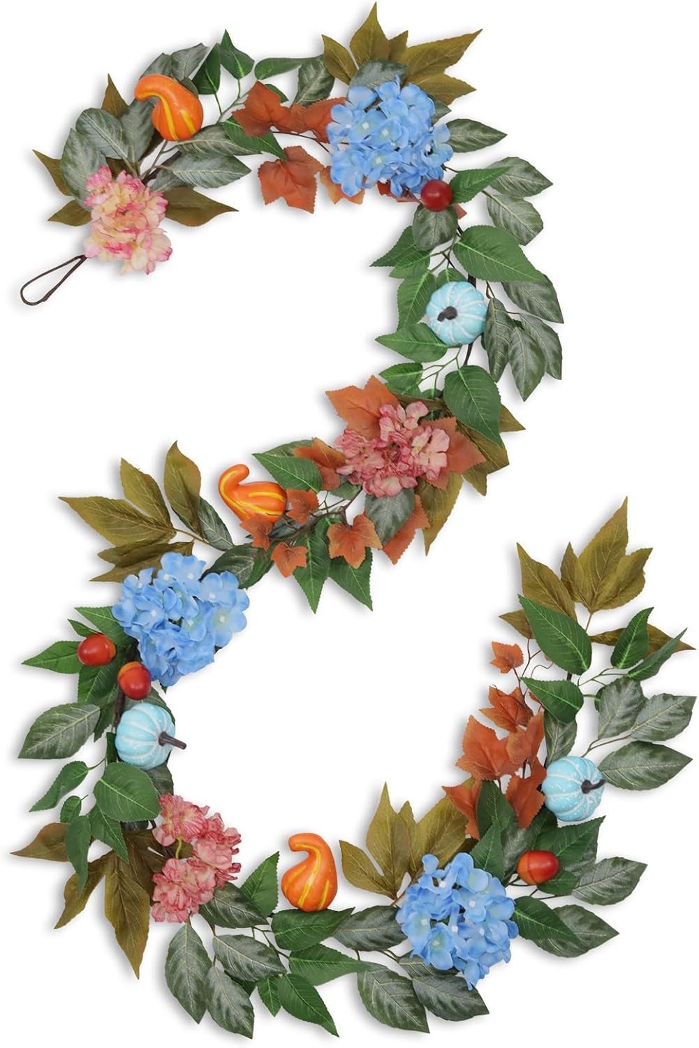 6ft Fall Hydrangea Garland with Blue Pumpkins &#x2013; Autumn Artificial Floral Pumpkin(11.26 x 9.69 x 4.69 inches)