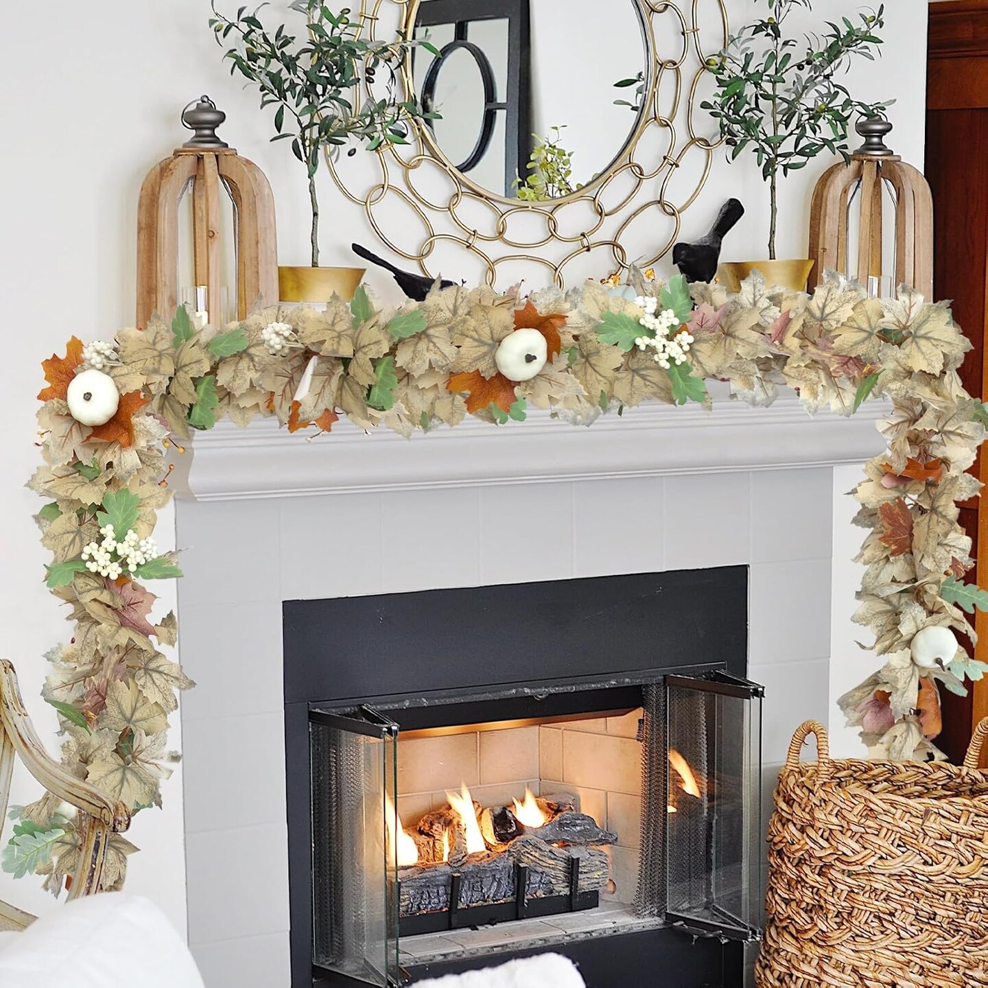 2 Pack Fall Leaf Garlands for Mantle Fireplace, 5.8Ft Autumn Leaves Decor(White)v