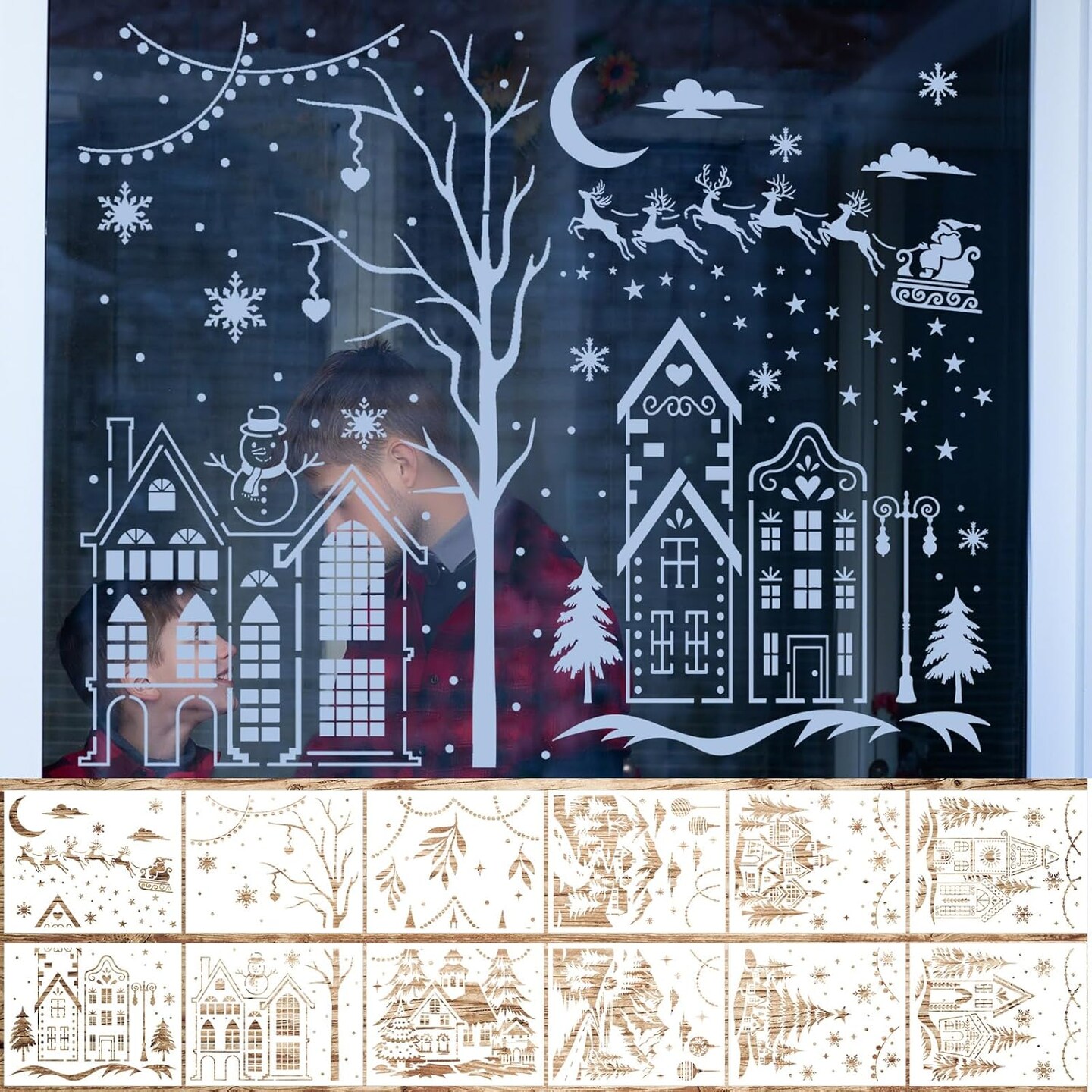 12 Pcs Christmas Stencils for Window Glass 13.78 x 11 Inch