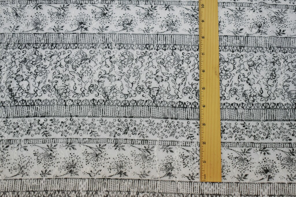 White-Black Nylon RAYON Floral Stripe Printed Lace Mesh Knit Fabric By the Yard