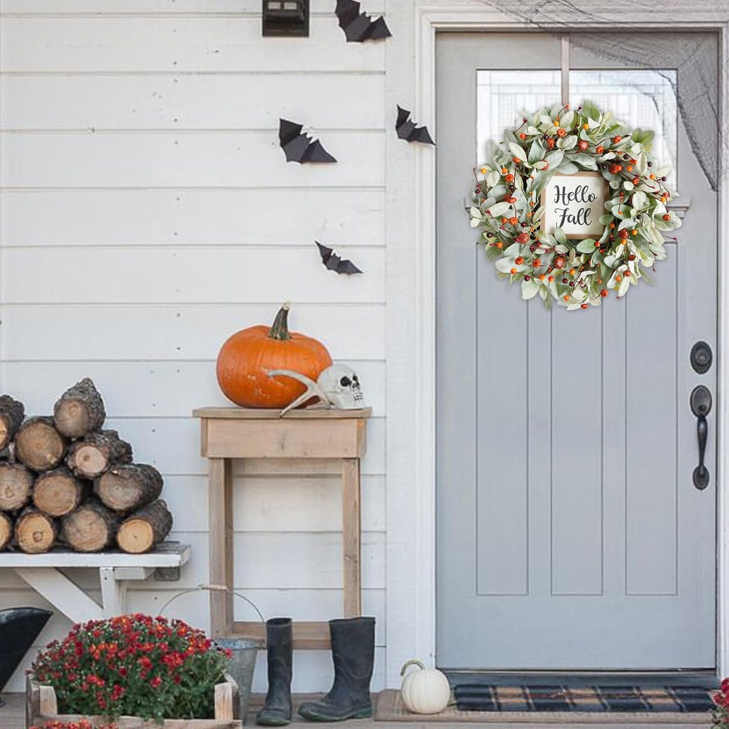 20&#x27;&#x27; Artificial Lamb&#x2019;s Leaves Wreath with Mini Pumpkin and Berries, Green Autumn Wreaths(Pumpkin Berry)14&#x22;D x 13&#x22;W x 3&#x22;H