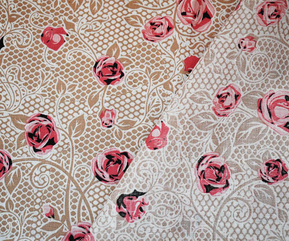Pink-Beige-Multi Floral Mesh Pattern Printed Linen Woven Fabric By the Yard