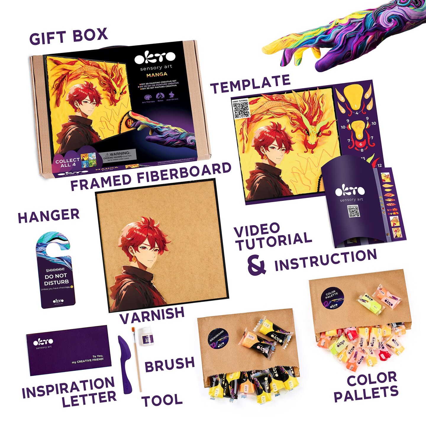 OKTO Manga Elements &#x2014; Fire &#x2014; 3D Clay Canvas Kit (11.8&#xD7;15.7 in) &#x2014; Ages 10+