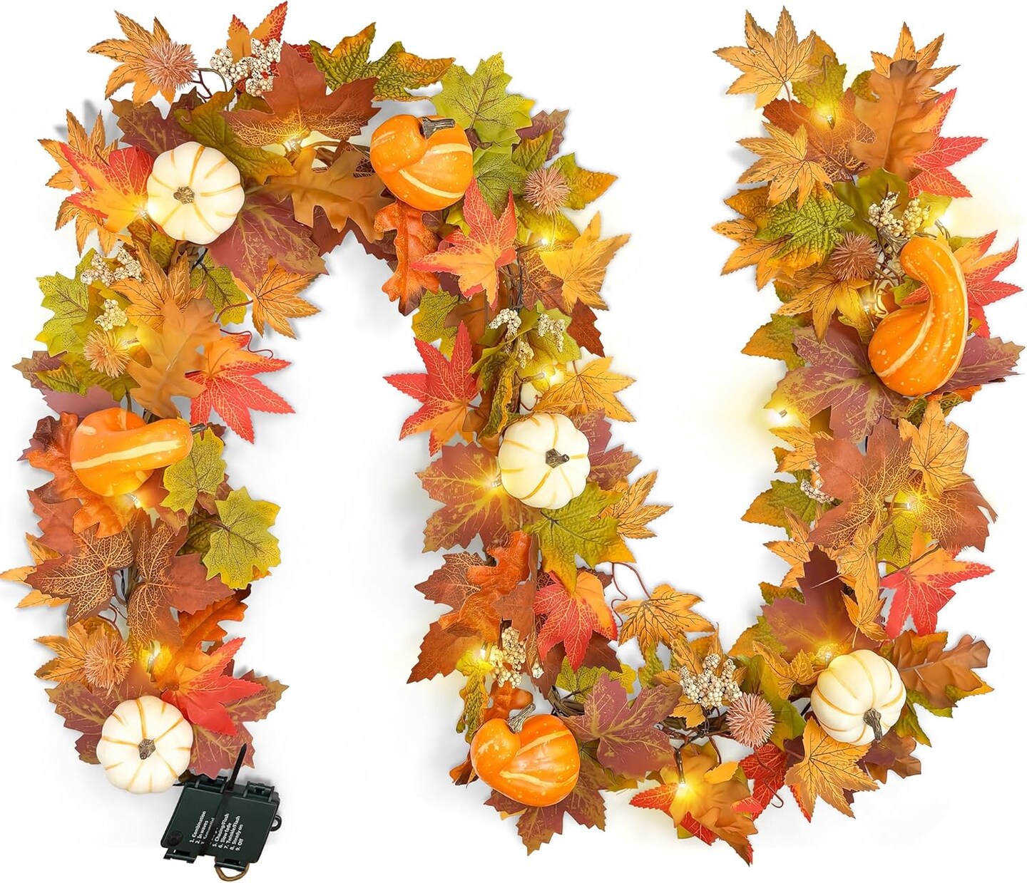6ft Pumpkin Maple Leaf & Berries Fall Garland with Light String - Fall Decor for Home(10.55 x 10.51 x 3.82 inches)