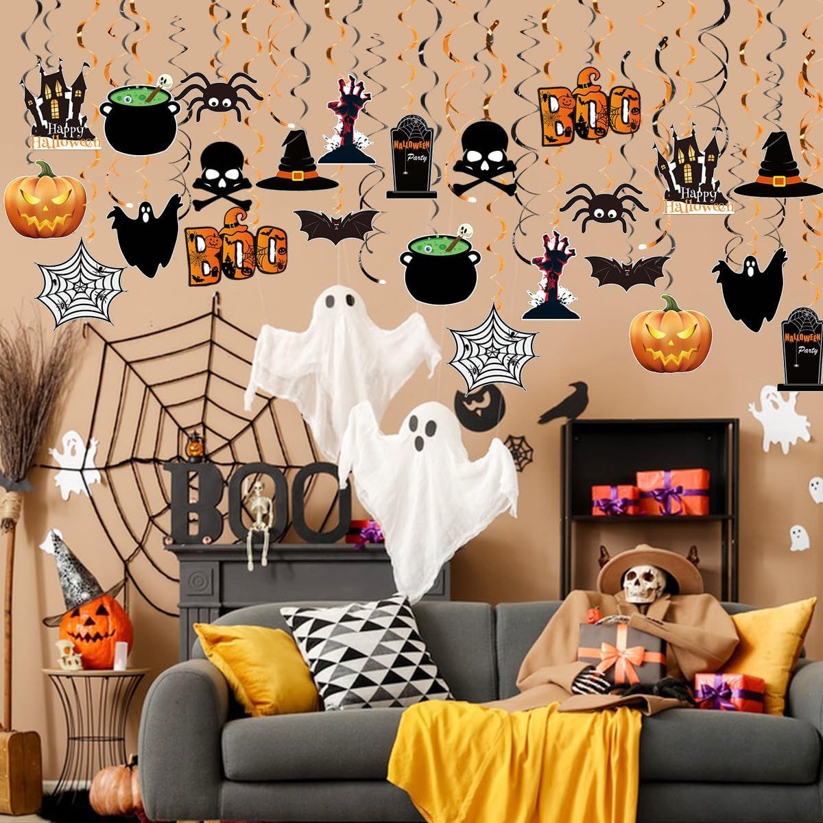 36Pcs Halloween Hanging Swirl Decorations Skeleton Spider Ghost Spooky Ceiling Decor Double Sided Paper Boo Day Card Foil Streamers for  Outdoor Indoor Halloween Trick or Treat Decor Supplies