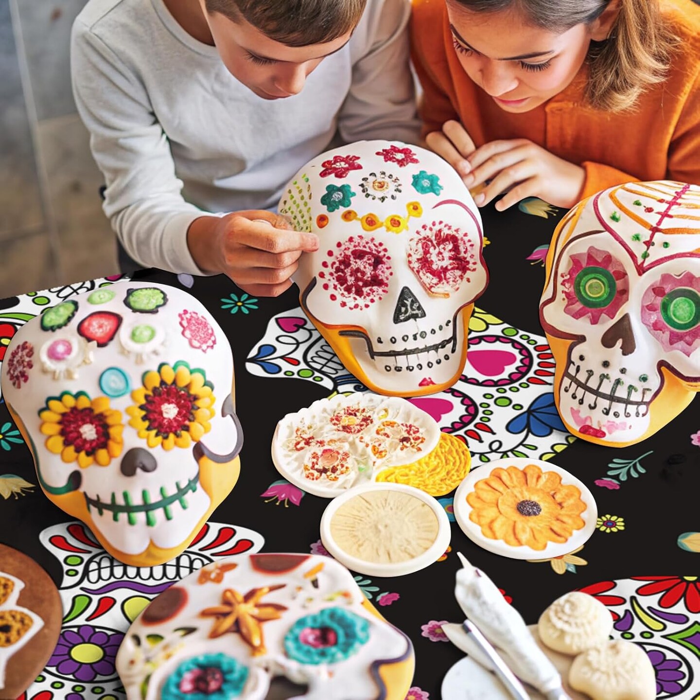 3 Pcs Day of The Dead Tablecloths Dia De Los Muertos Table Covers(Day of the Dead)108"L x 54"W