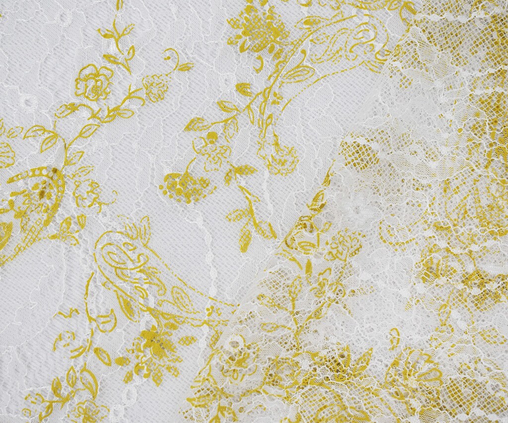 White-Yellow Nylon Floral Paisley Printed Lace Mesh Knit Fabric By the Yard