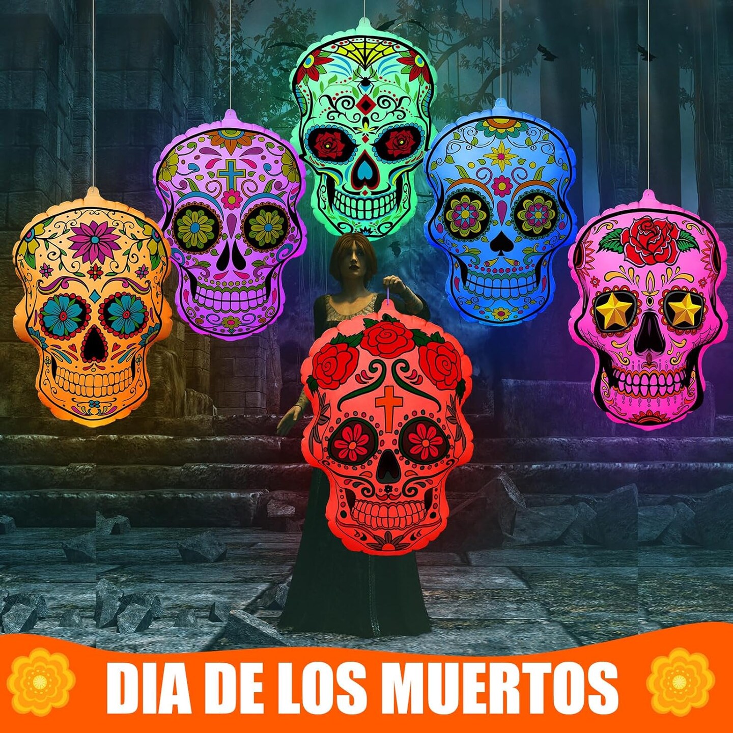 6 Pcs 24 Inch Inflatable Sugar Skull Decoration(Multicolor)