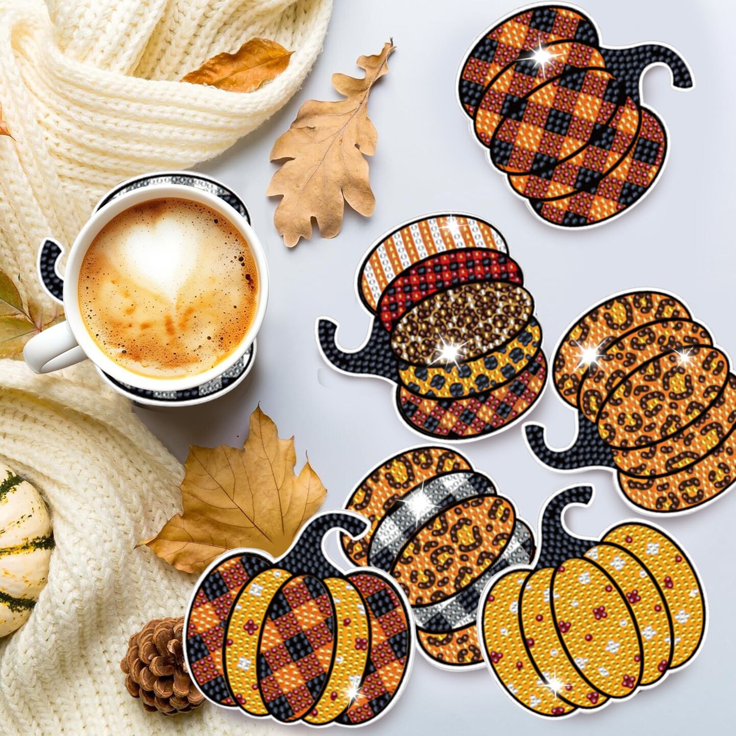 8 Pcs Fall Pumpkin Rhinestones Art Painting Coasters with Holder 8 Style Cute Pumpkin Non Slip Acrylic Round Cup Coaster Art Supplies for Beginners Adults Autumn DIY Rhinestones Painting Kit