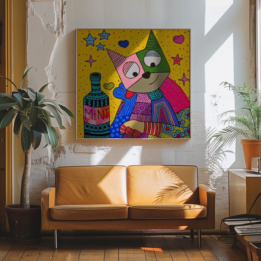 Cat and bottle of mint Square Canvas Art | Modern Home Wall Decor 24x24 Canvas - Corporate Office Art