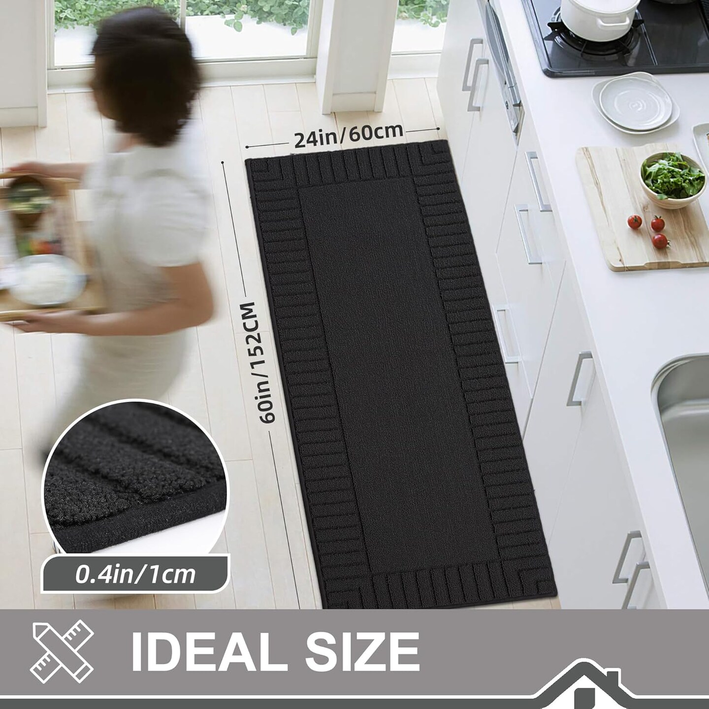 Non-Slip Kitchen Runner Rug 24"x60" – Black, Absorbent, Machine Washable