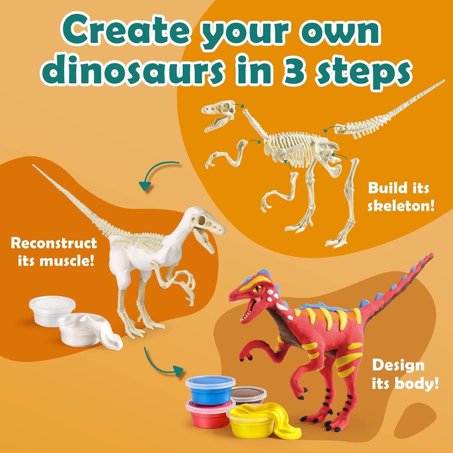 Air Dry Clay Dinosaur Craft Kit for Kids, Build and Design Your Own Dinosaurs with Modeling Clay, 3 Dinosaur Fossil Skeletons, Gifts for Boys and Girls Ages 6 &#x26; Up