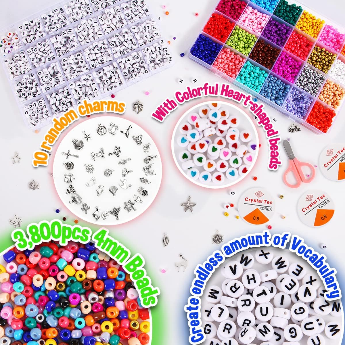 Jewelry Making Kit Beads for Bracelets - 5000+pcs Bead Craft Kit Set, Glass Pony Seed Letter Alphabet DIY Art and Craft