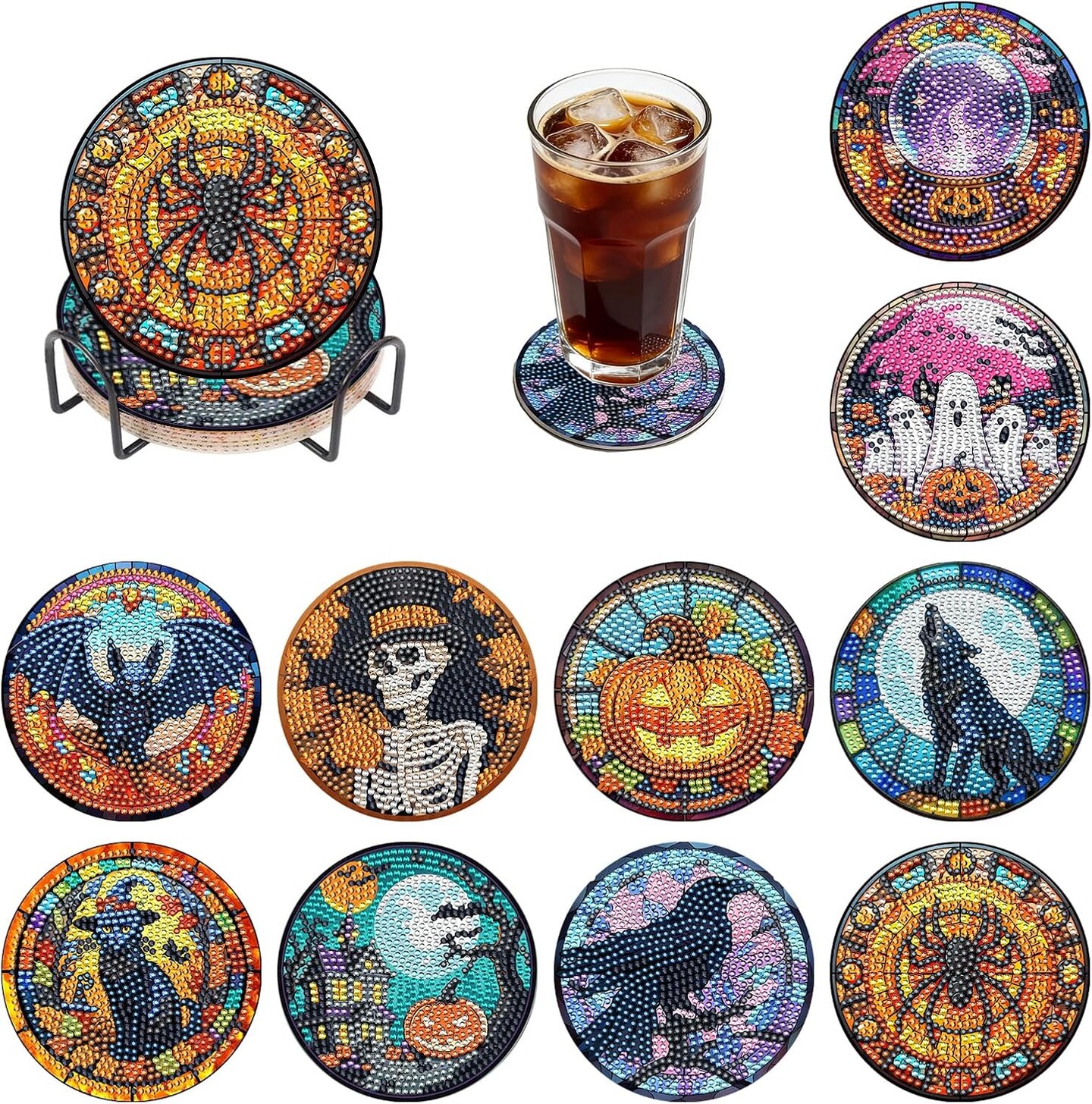 10 Pack Halloween Diamond Art Coasters Kit with Holder, DIY