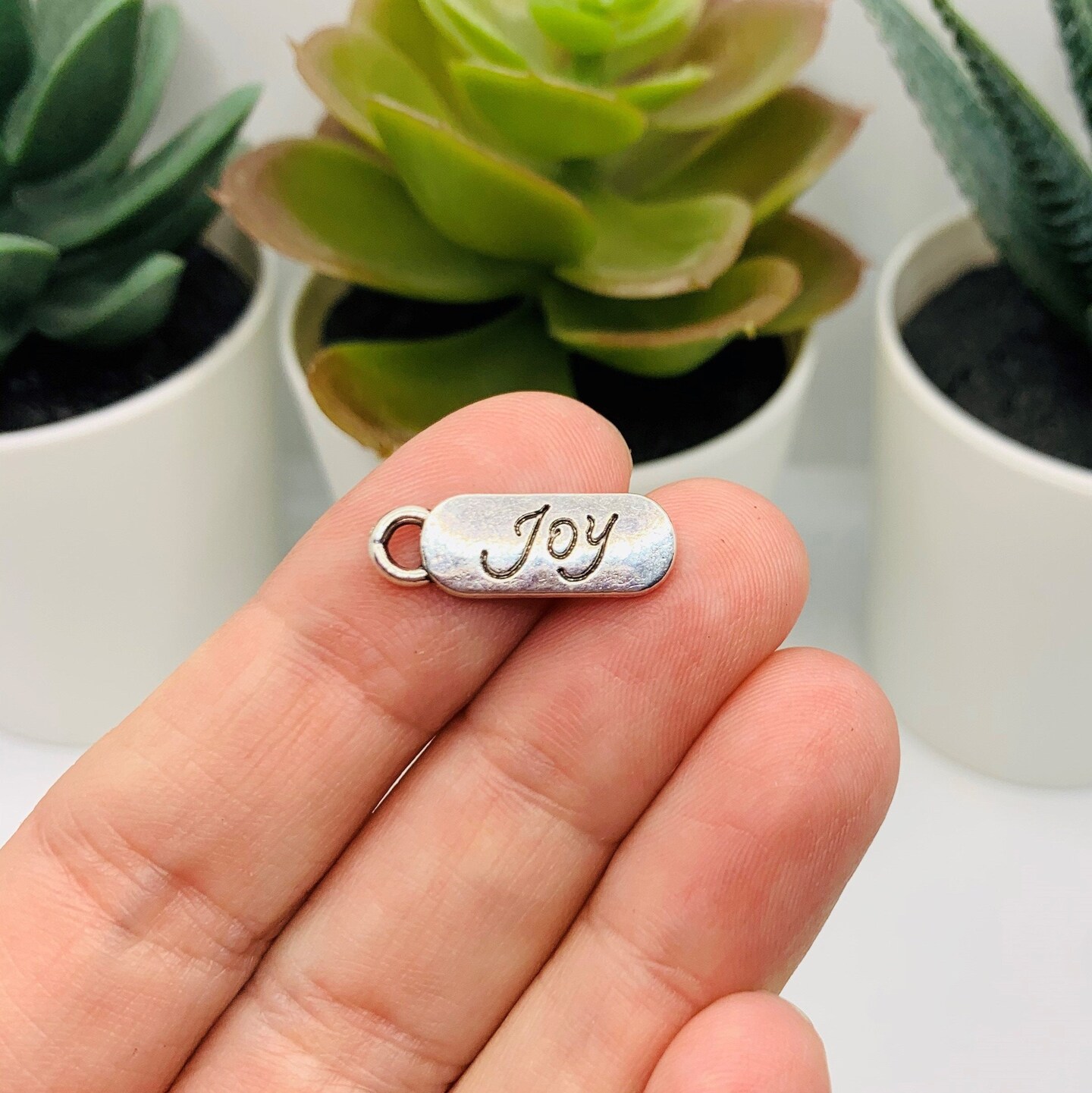 Small Silver Joy Tag Charms, 20x7mm