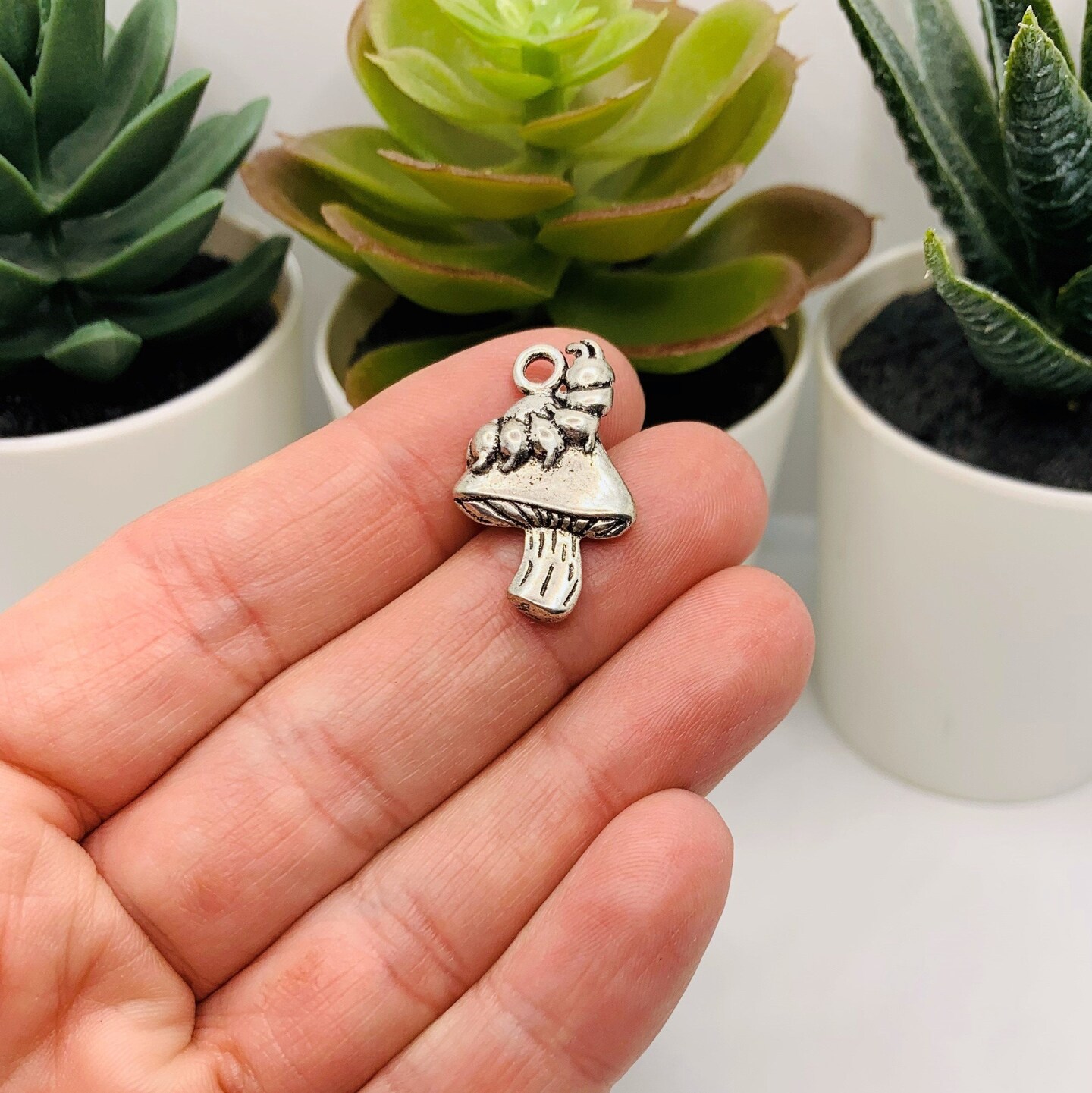 Silver Caterpillar on Mushroom Charms, 25x16mm