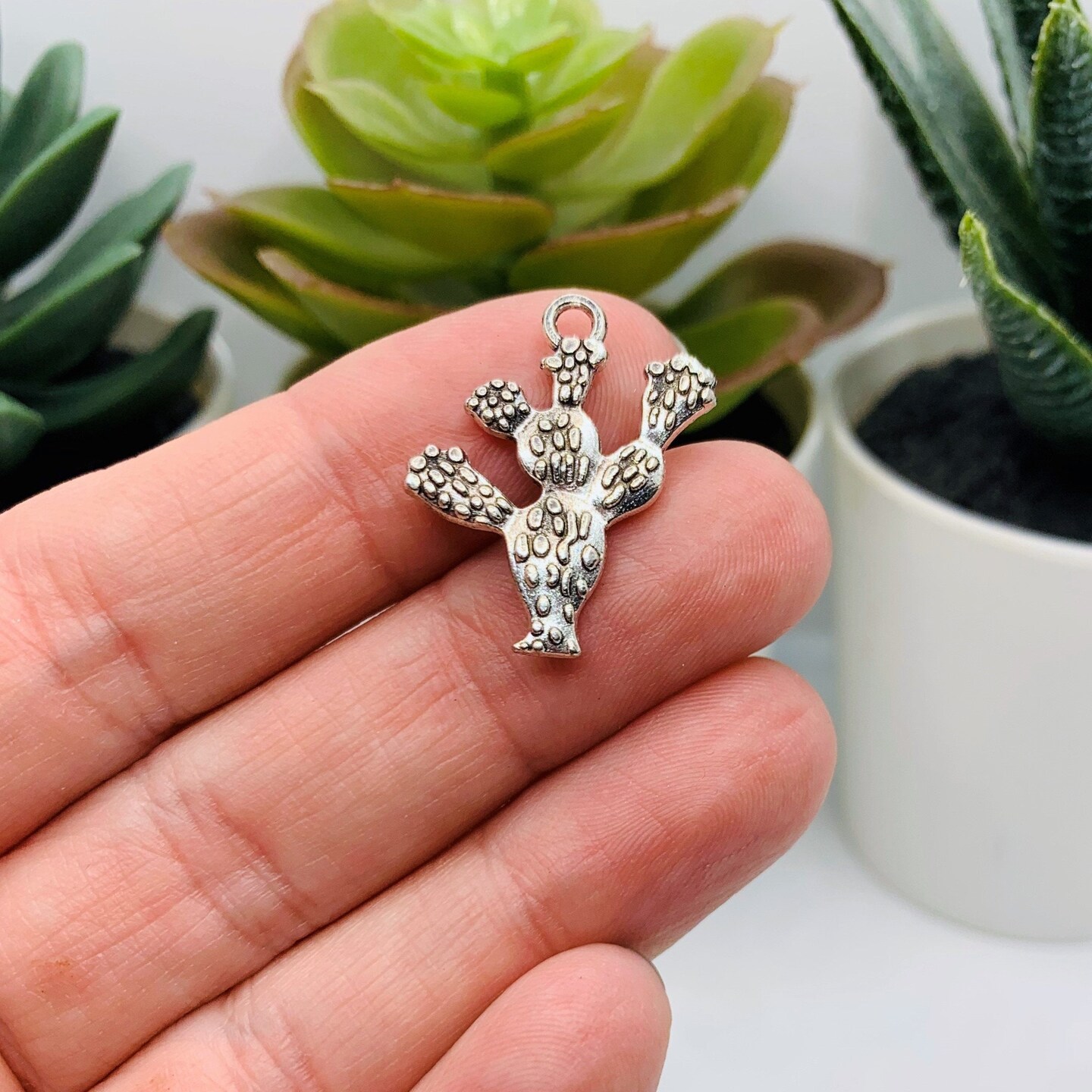 Silver Prickly Pear Cactus Charms, 23x19mm