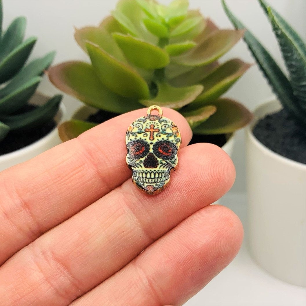 Enamel Sugar Skull Dia De Los Muertos Day or the Dead Charms, 22x12mm