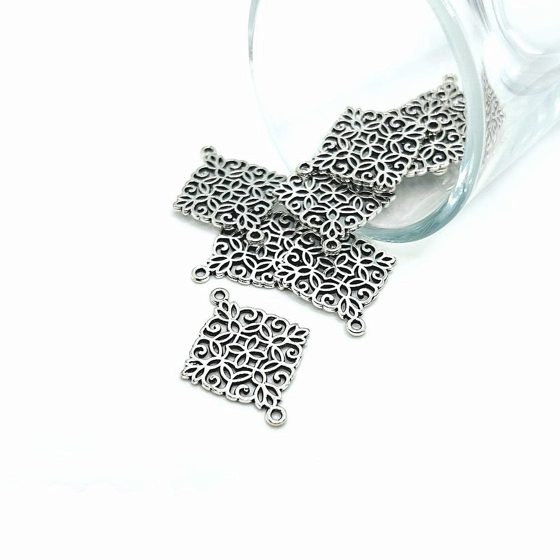Silver Filigree Rhombus Connector Charms, 28x22mm