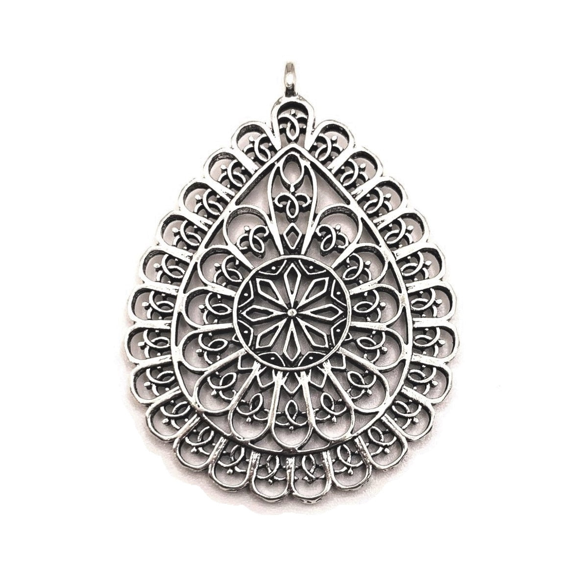 Large Silver Boho Teardrop Pendants, 59x43mm