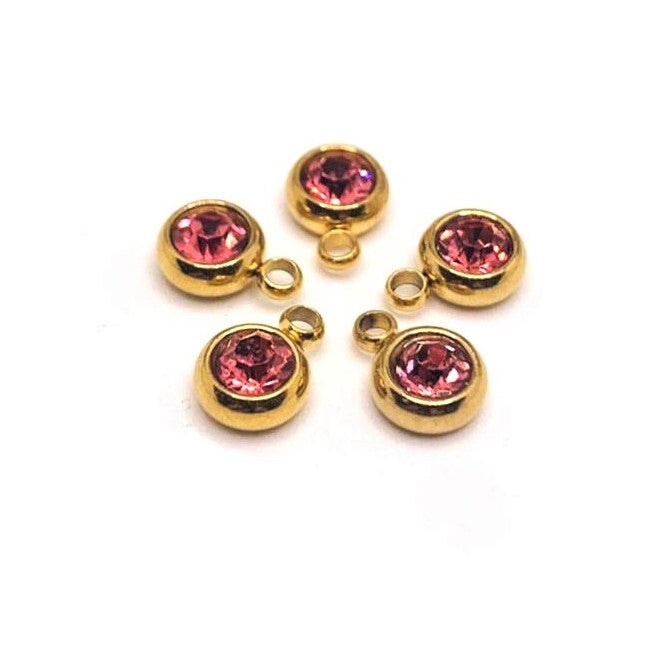 303 Stainless Steel, 18k Gold, Light Pink October Birthstone Rhinestone Charms, 8x6mm