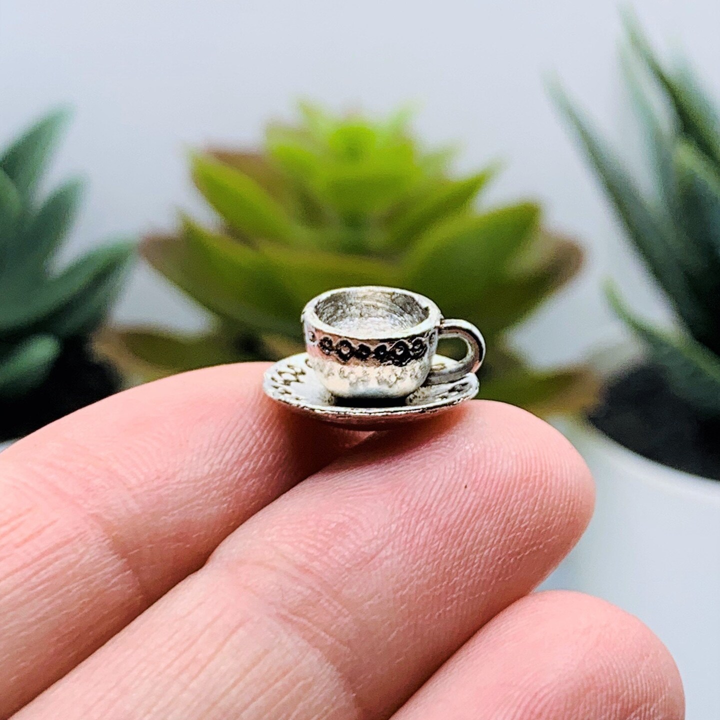 Silver Coffee Tea Cup and Saucer 3D Charms, 7x14mm