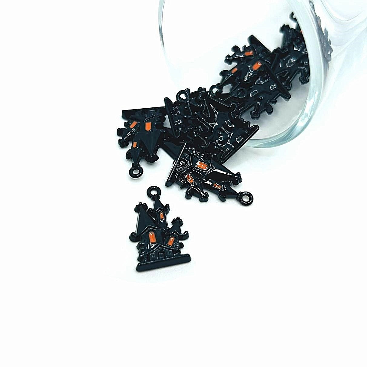 Black Enamel Haunted House Halloween Charms, 23x15mm