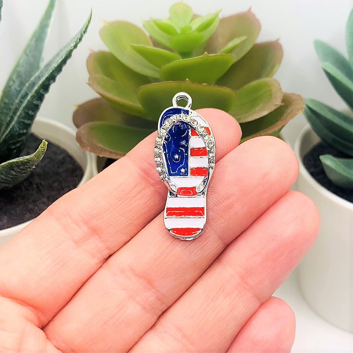 Red White and Blue Enamel Flip Flop Sandal 3D Charms with Rhinestones, 33x12mm