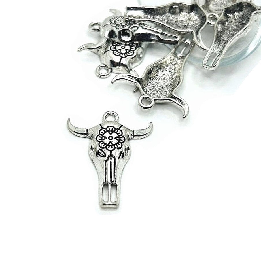 Silver Cattle Steer Skull Charms, 32x26mm
